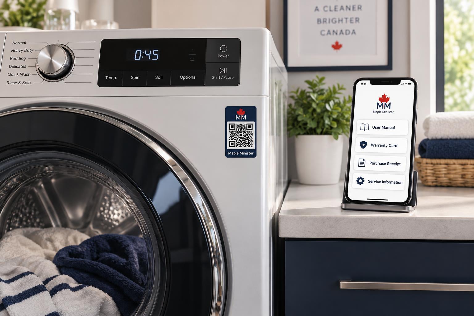 Washing machine with a MR DOCS QR label beside a phone showing appliance records